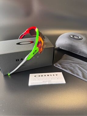 Oakley Red & Neon Green Radar EV Path Sunglasses with Orange Mirror Lenses
